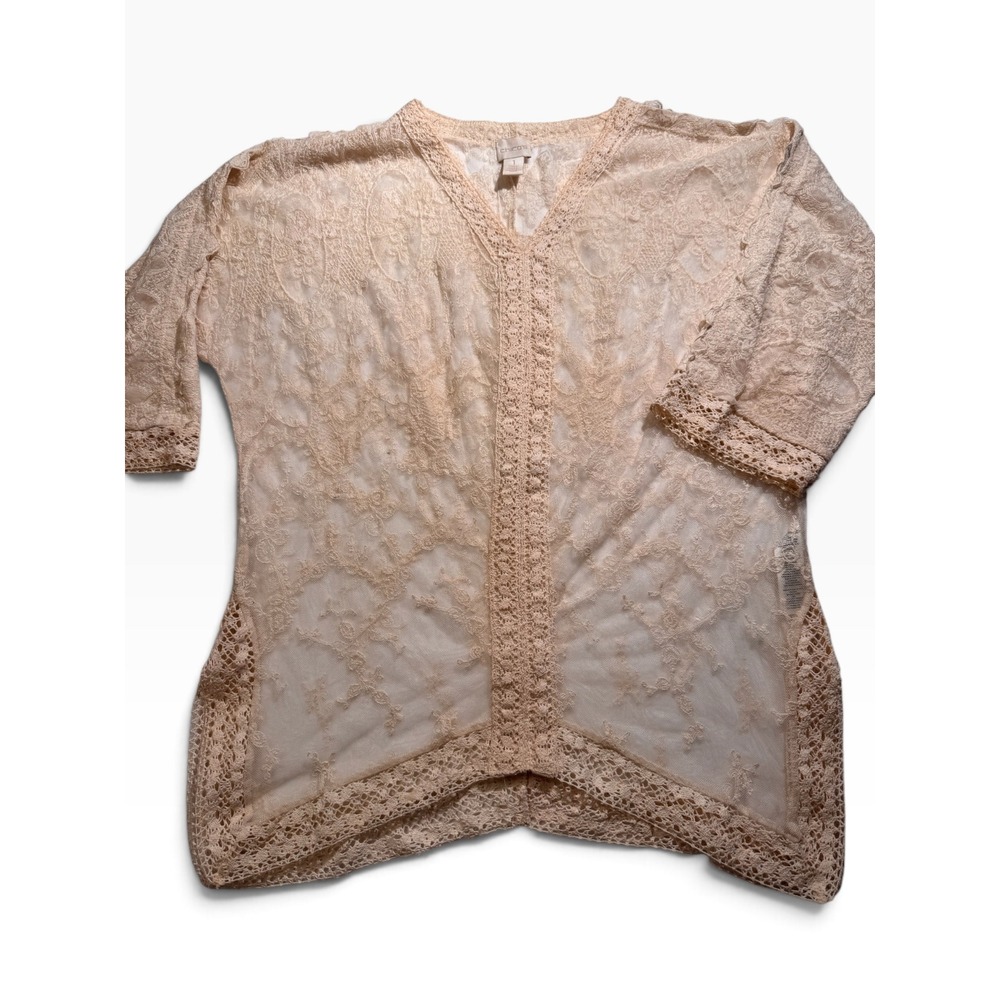 Chico's Cream Beige Sheer Floral Lace Crochet Trim Sharkbite Tunic Top Size 1